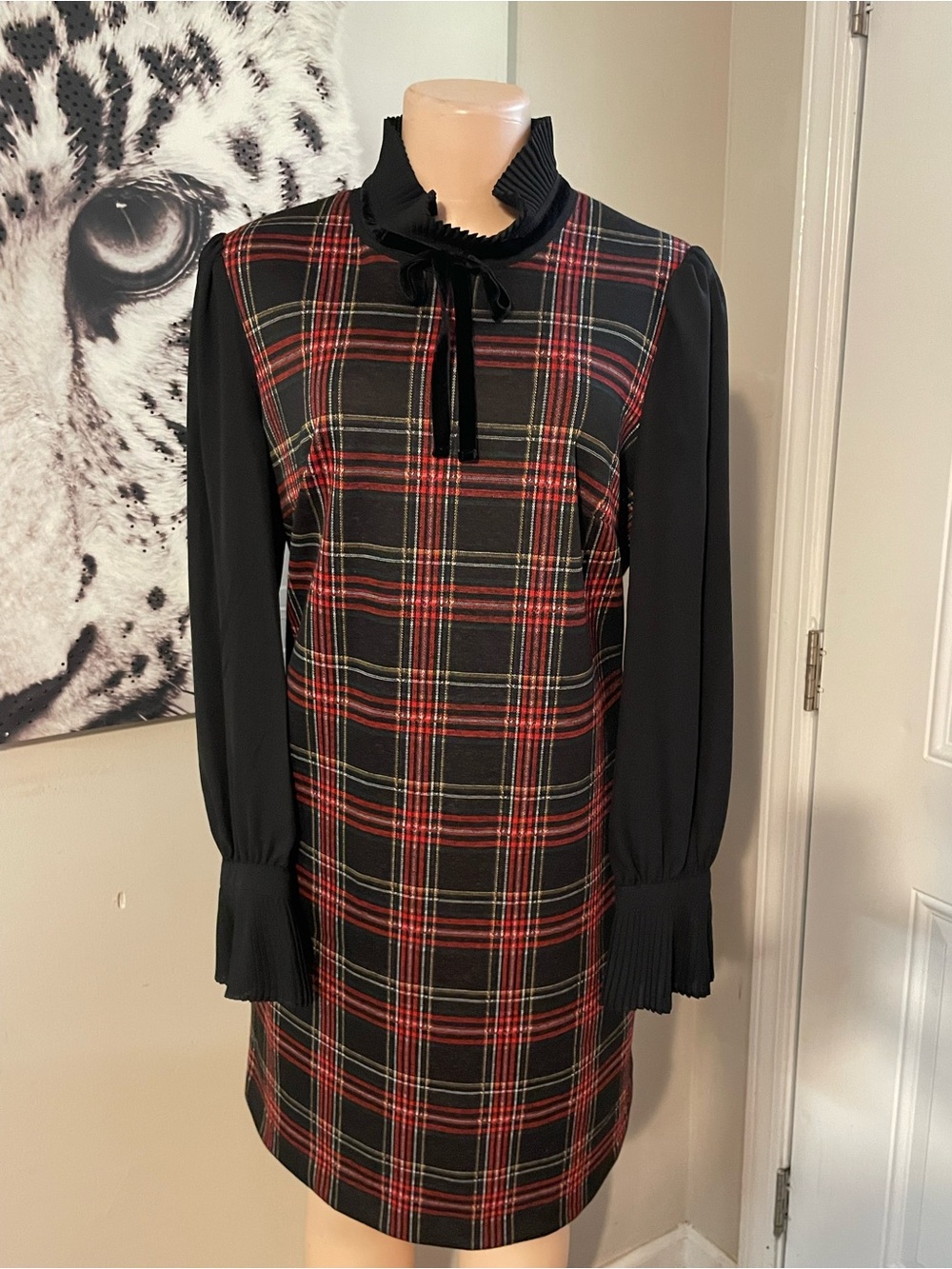 Tommy Hilfiger tartan Plaid bow neck shift Dress pleated smock cuff grunge y2k 8